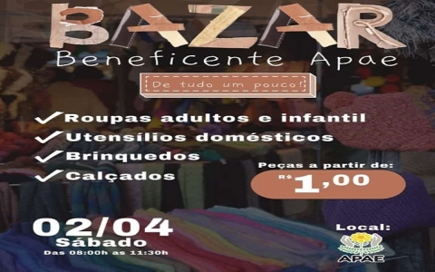 Bazar da APAE será neste sábado em Aripuanã