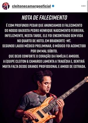 Baixista da dupla Cleiton e Camargo é encontrado morto em hotel de Brasnorte