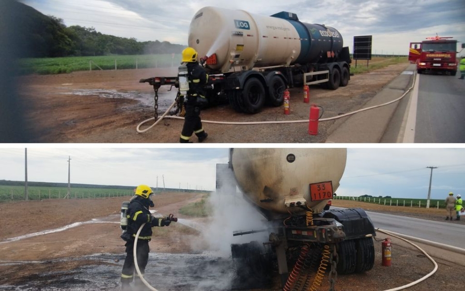 Carreta carregada de etanol pega fogo na BR-163